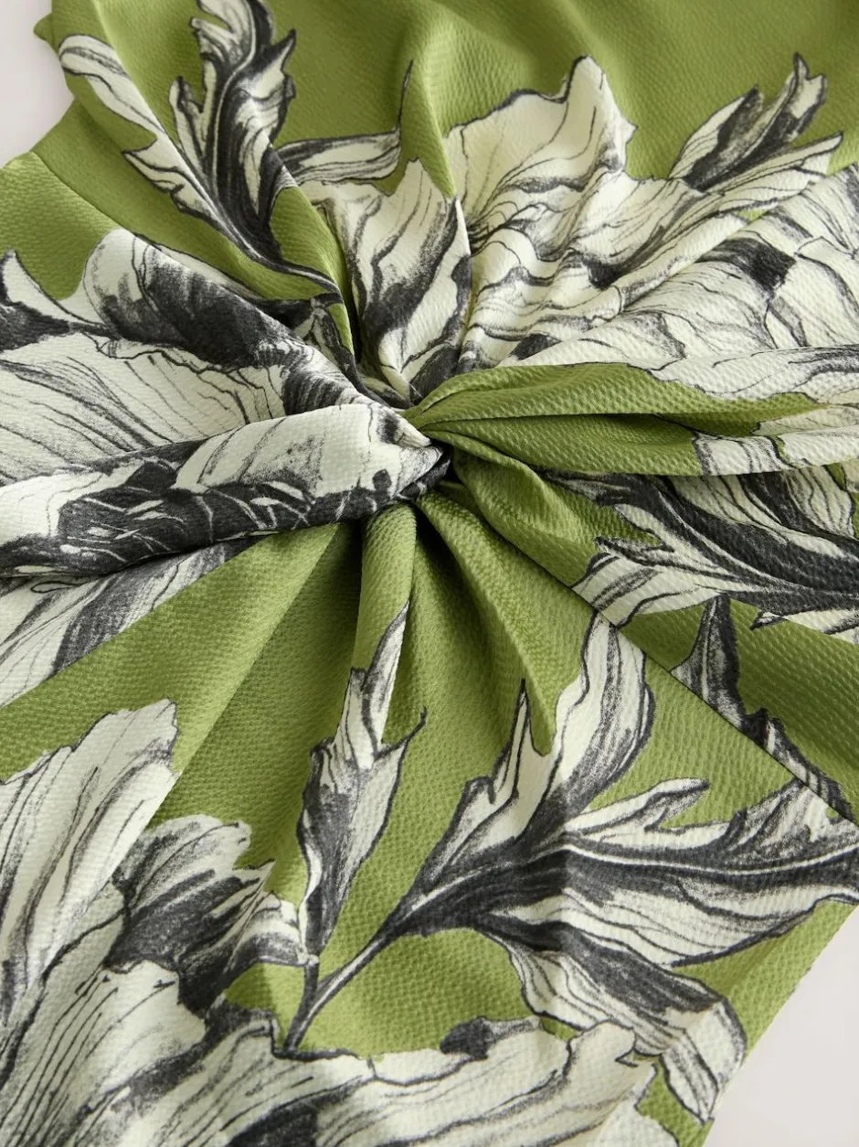 Next Textured Satin Short Sleeve Twist Front Midi Dress Green/Ecru Clearance