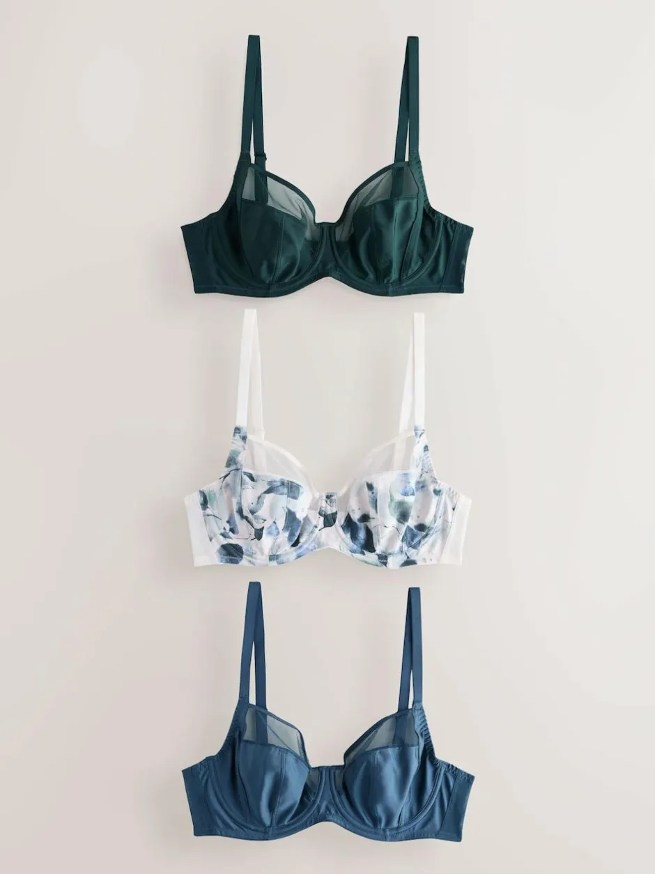Next DD+ Non Pad Full Cup Bras 3 Pack with Side Support Green/Navy/Navy Print Clearance