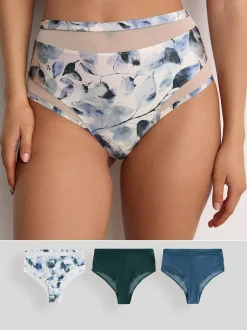 Next Mesh Trim High Waist High Leg Knickers 3 Pack Green/Navy/Navy Print Discount