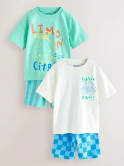 Next Short Sleeve T-Shirt and Shorts Set 2 Pack (3mths-7yrs) Green/White Food Backprint Clearance