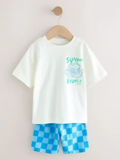 Next Short Sleeve T-Shirt and Shorts Set 2 Pack (3mths-7yrs) Green/White Food Backprint Clearance