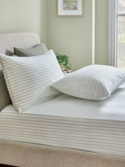 Next Fitted Sheet and Pillowcase Set Green/White Slim Stripe Outlet