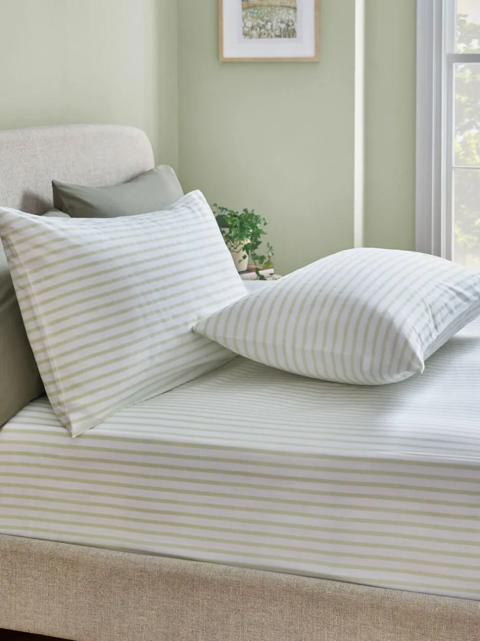 Next Fitted Sheet and Pillowcase Set Green/White Slim Stripe Outlet