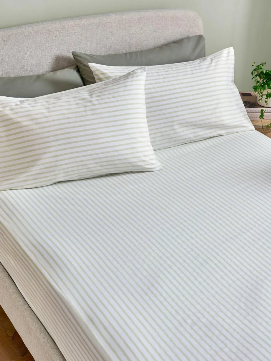 Next Fitted Sheet and Pillowcase Set Green/White Slim Stripe Outlet