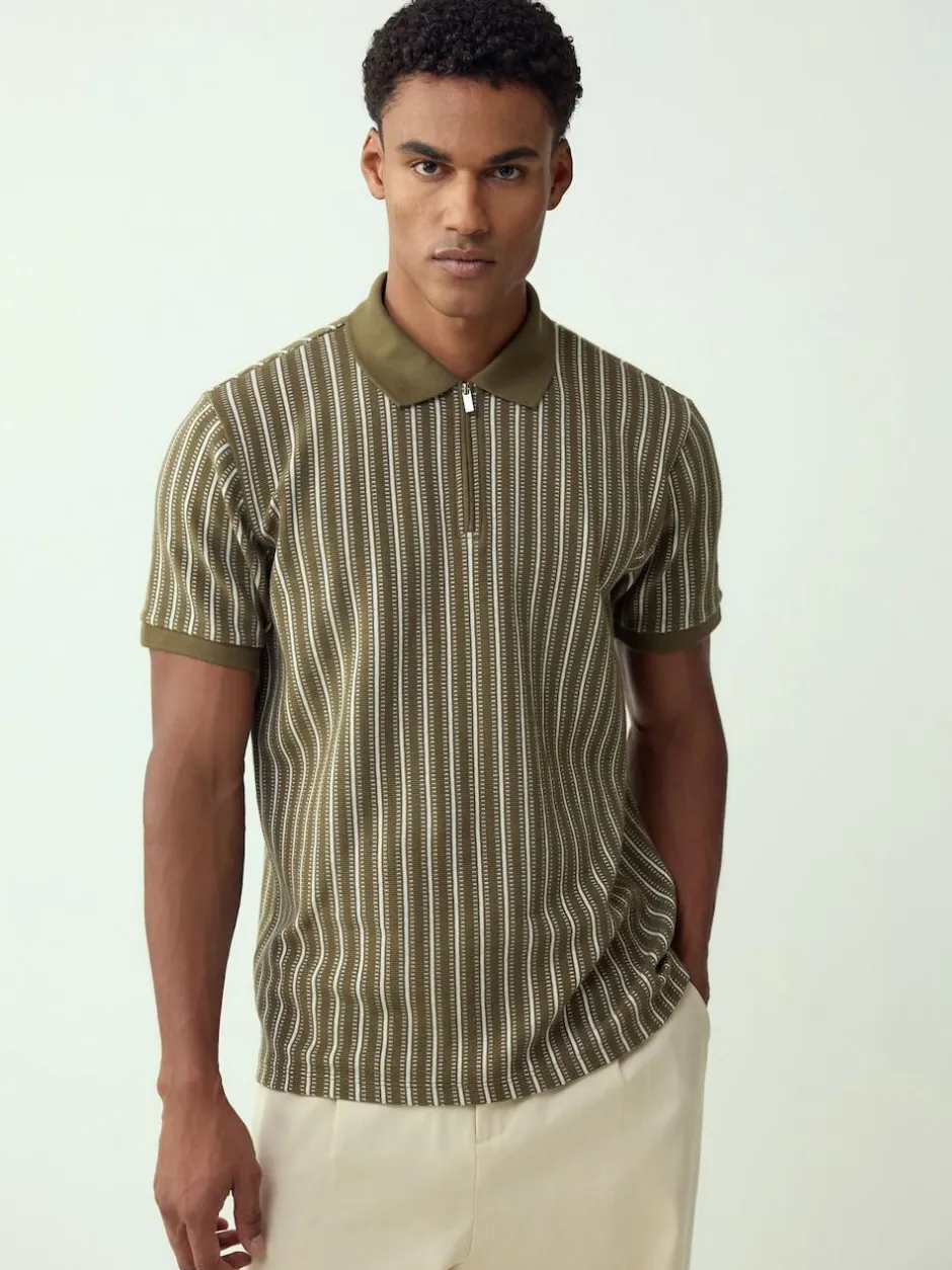 Next Vertical Stripe Quarter Zip Polo Shirt Green/White New