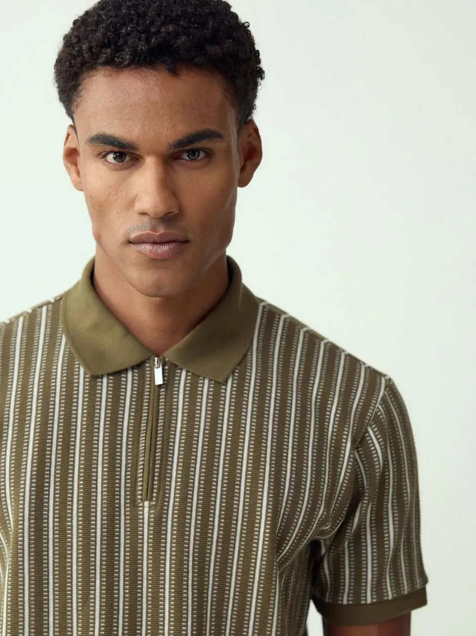 Next Vertical Stripe Quarter Zip Polo Shirt Green/White New