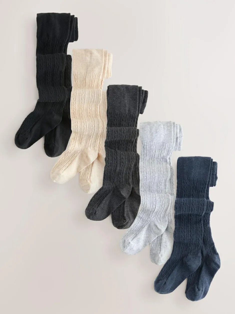 Next Cotton Rich Cable Tights 5 Pack Grey Black Oatmeal and Navy Blue Best