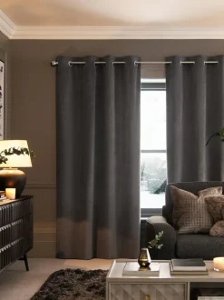 Next Grey Charcoal Matte Velvet Super Thermal Curtains New