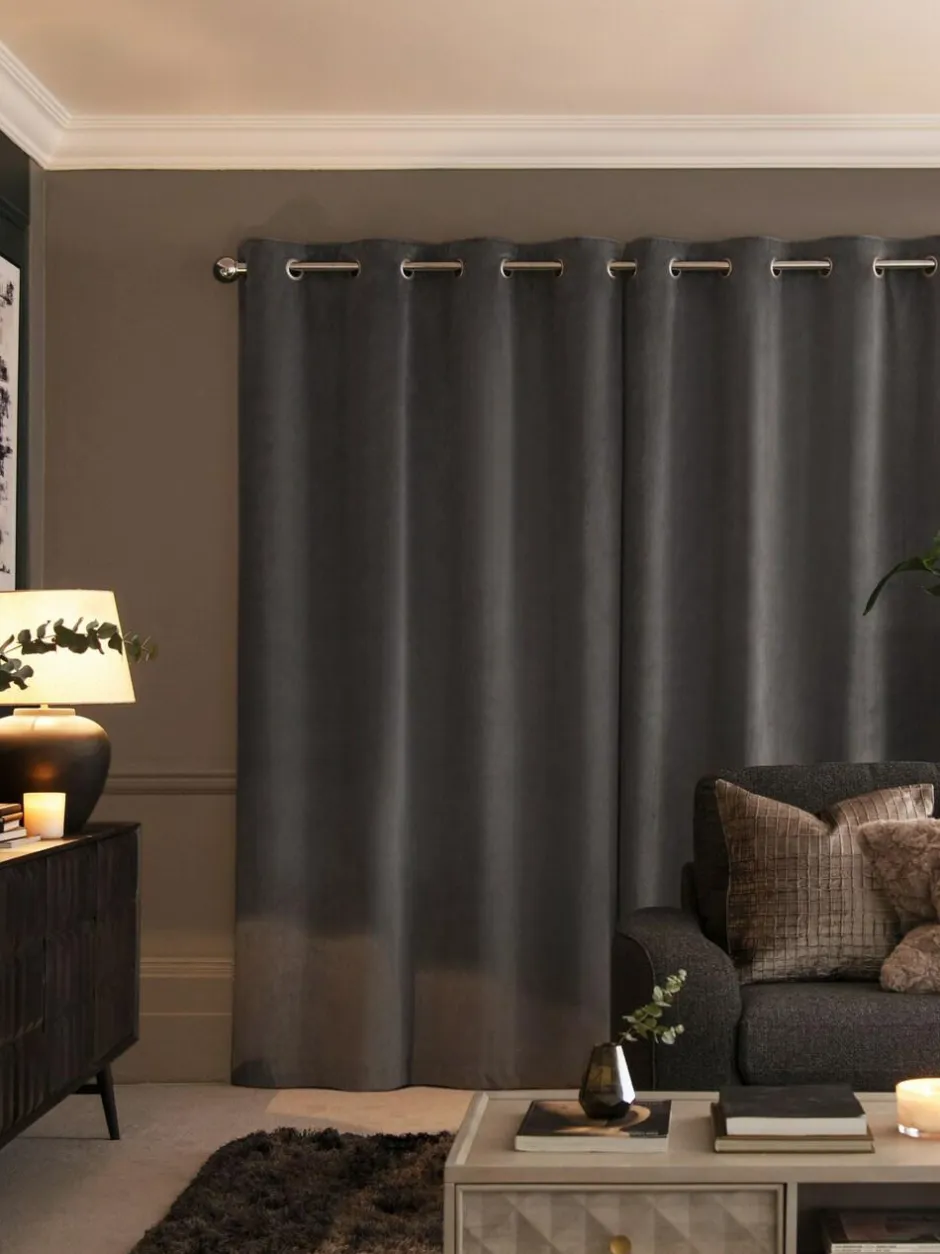 Next Grey Charcoal Matte Velvet Super Thermal Curtains New