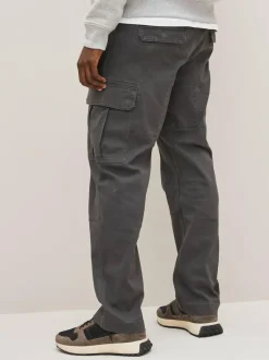 Next Grey Charcoal Straight Fit Cotton Stretch Cargo Trousers Sale
