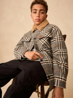 Next Lined Shacket (3-16yrs) Grey Check Borg Collar Best