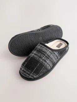 Next Grey Check Mule Slippers