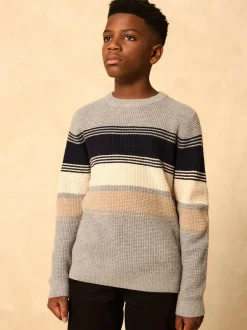 Next Colourblock Stripe Crew Neck Knitted Jumper (3-16yrs) Grey