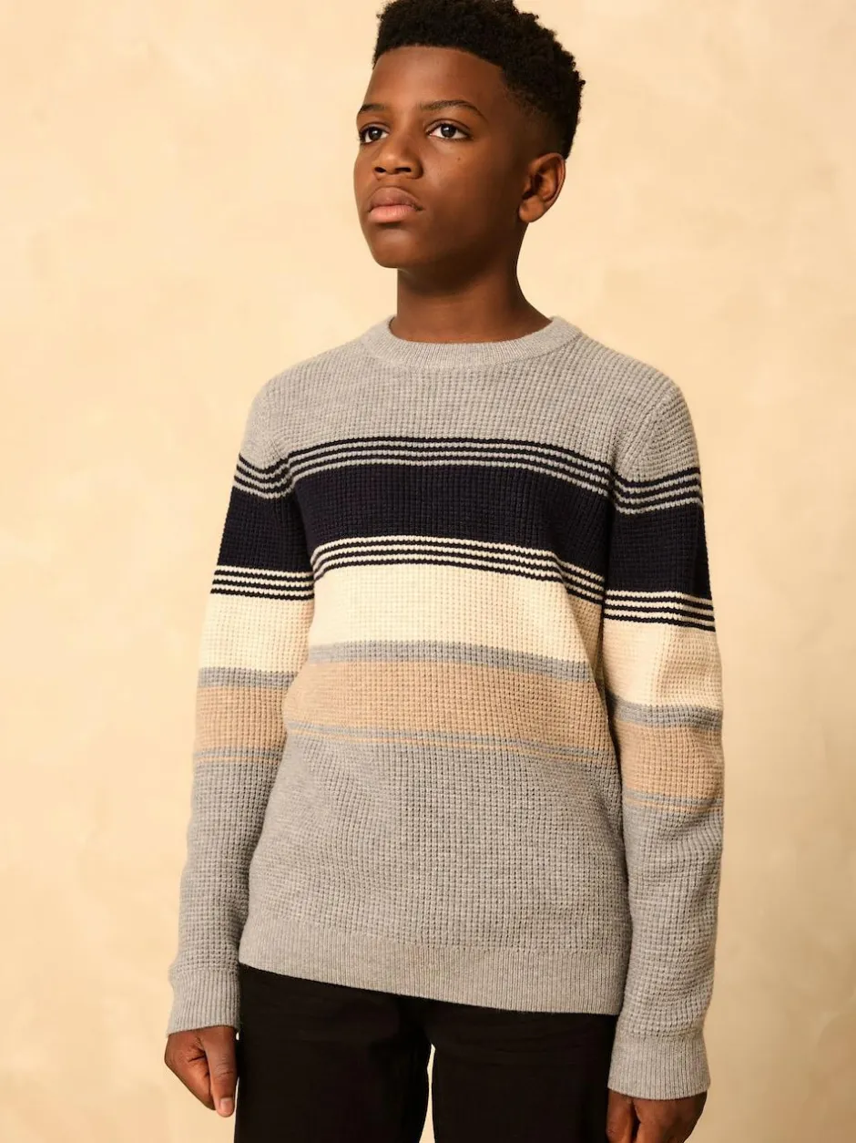 Next Colourblock Stripe Crew Neck Knitted Jumper (3-16yrs) Grey