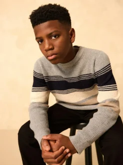Next Colourblock Stripe Crew Neck Knitted Jumper (3-16yrs) Grey