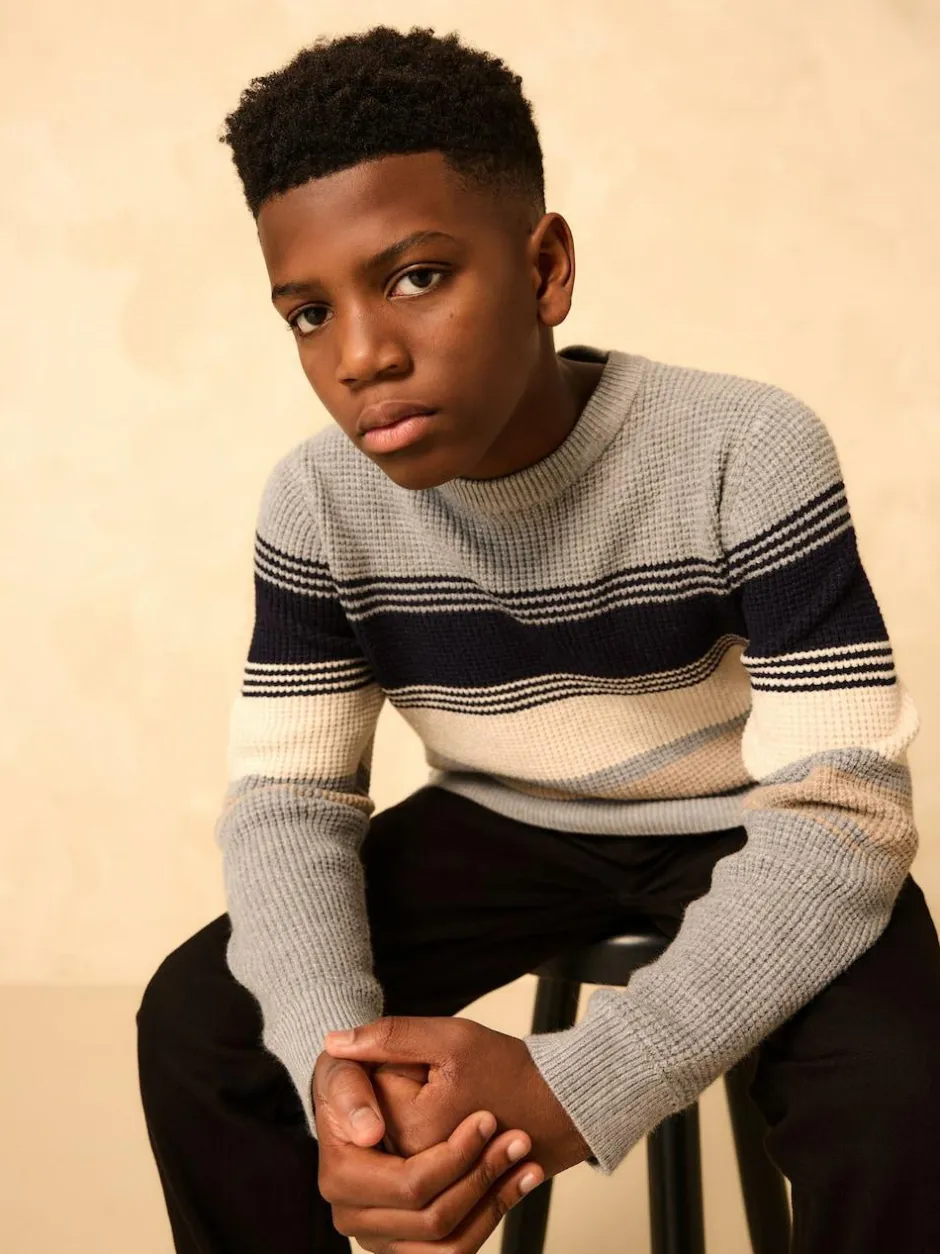 Next Colourblock Stripe Crew Neck Knitted Jumper (3-16yrs) Grey