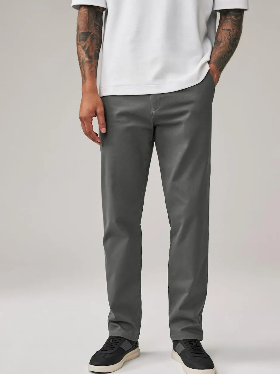 Next Grey Dark Straight Fit Stretch Chinos Trousers Clearance