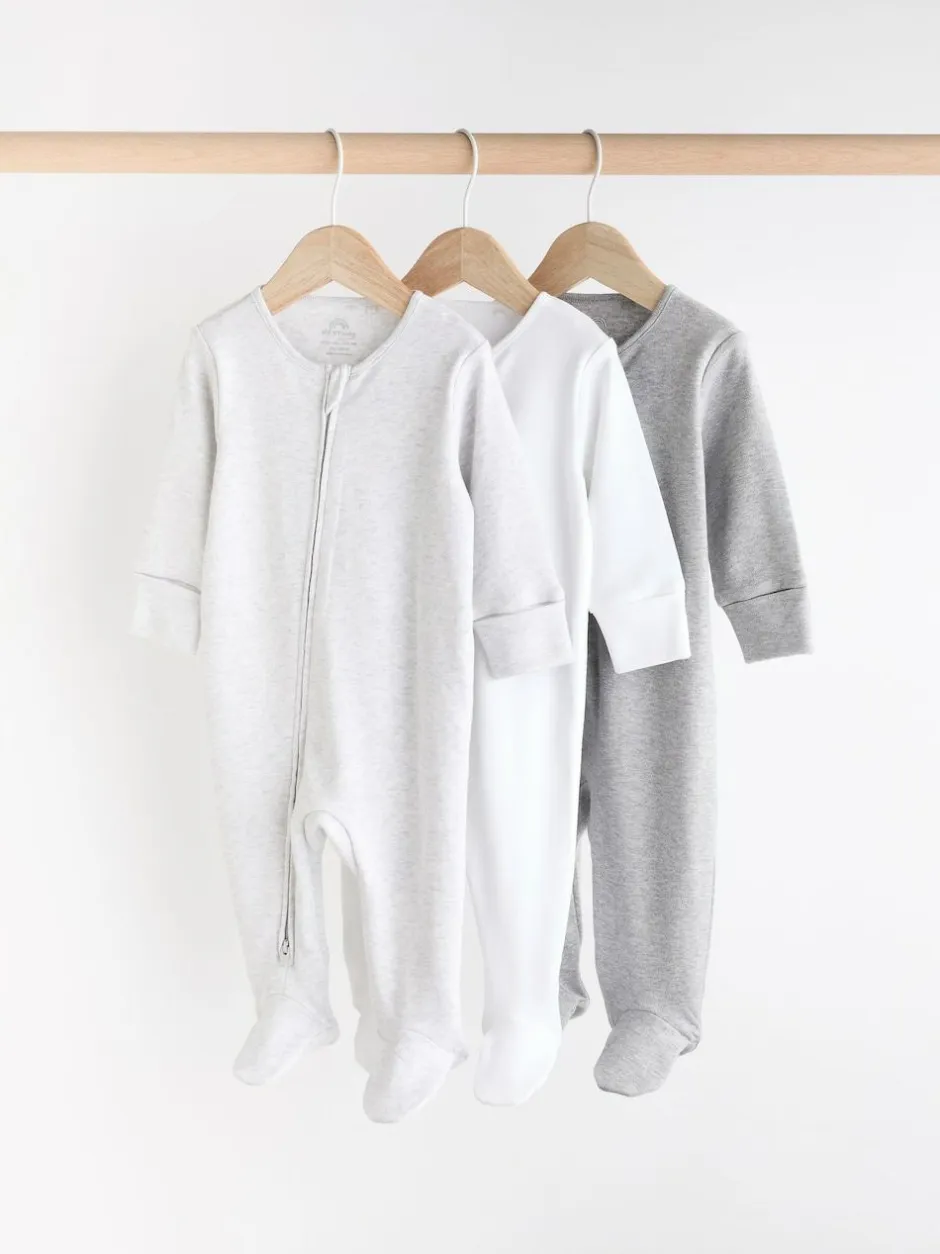 Next Essential Zipped 100% Cotton Baby Sleepsuits 3 Pack (0-3yrs) Grey Sale