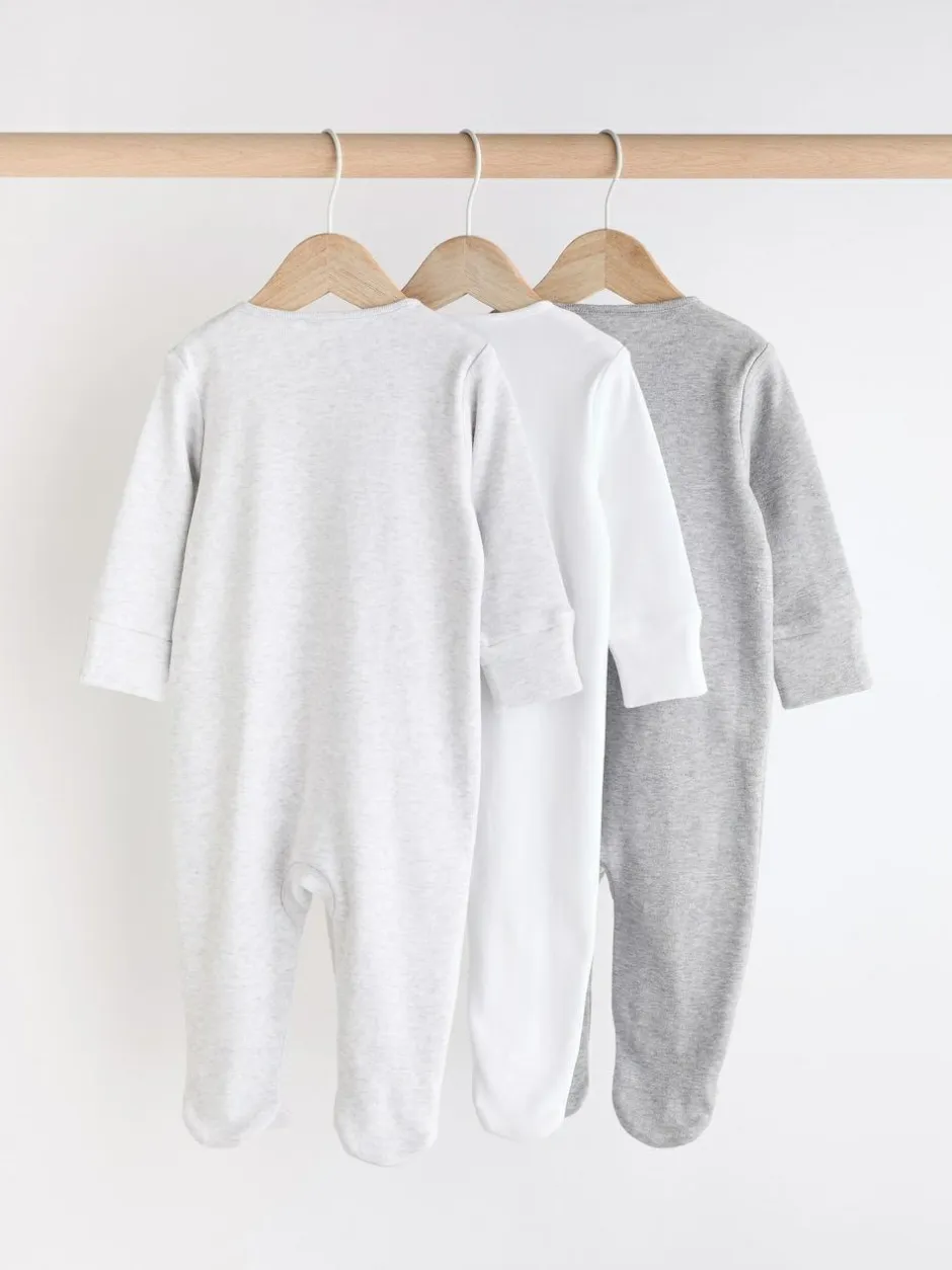 Next Essential Zipped 100% Cotton Baby Sleepsuits 3 Pack (0-3yrs) Grey Sale