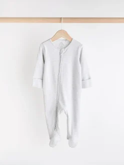 Next Essential Zipped 100% Cotton Baby Sleepsuits 3 Pack (0-3yrs) Grey Sale