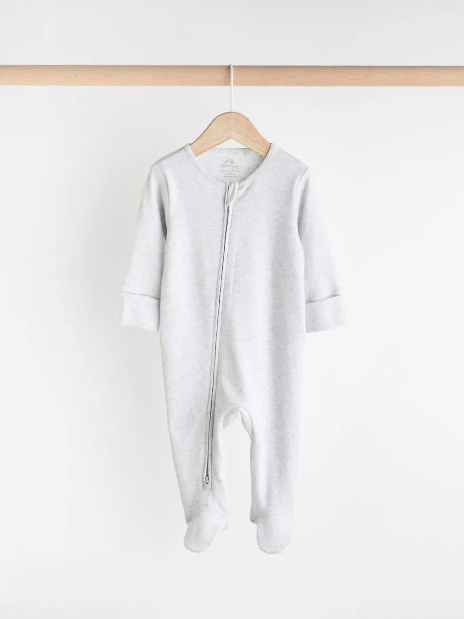 Next Essential Zipped 100% Cotton Baby Sleepsuits 3 Pack (0-3yrs) Grey Sale