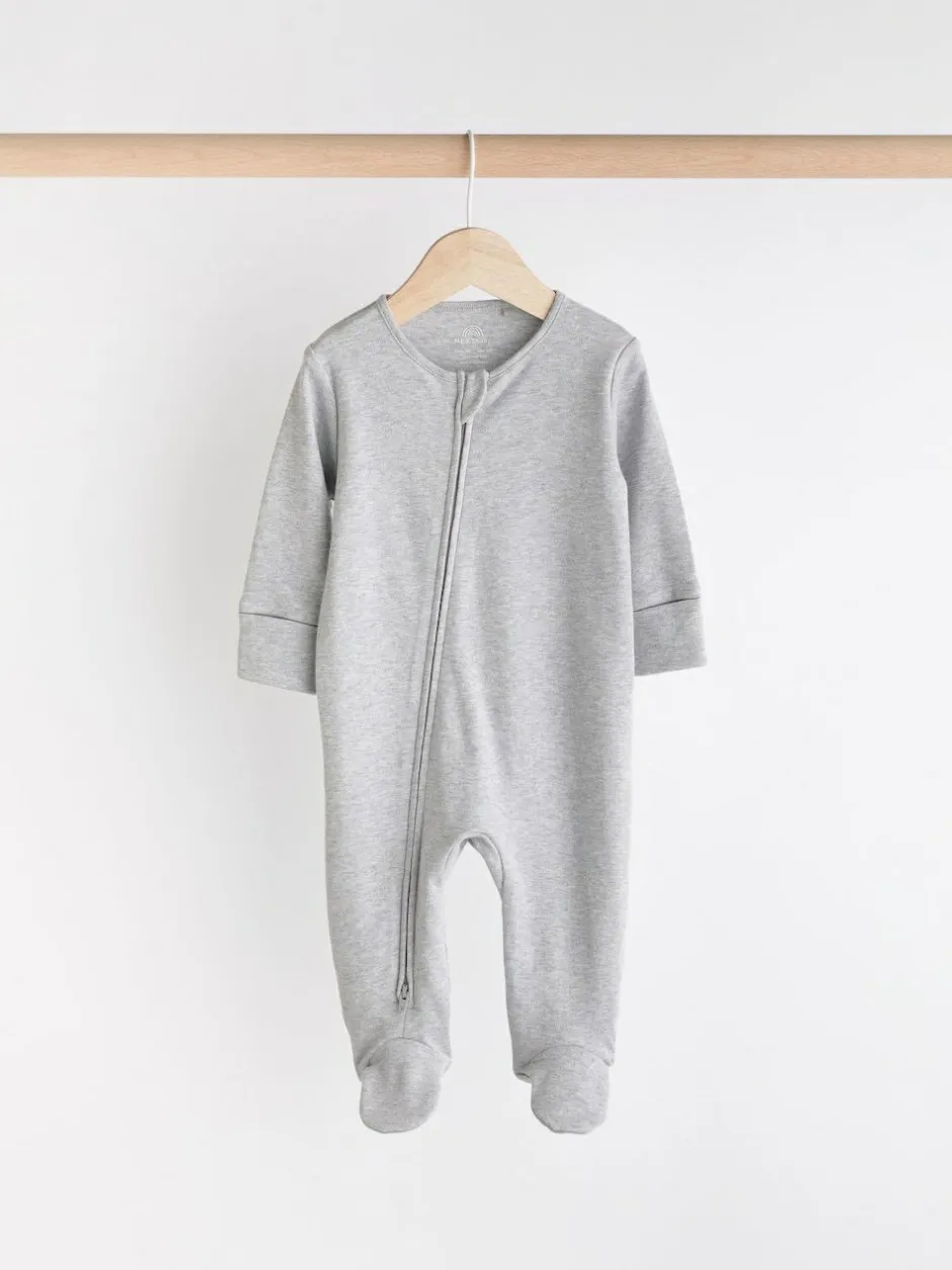 Next Essential Zipped 100% Cotton Baby Sleepsuits 3 Pack (0-3yrs) Grey Sale