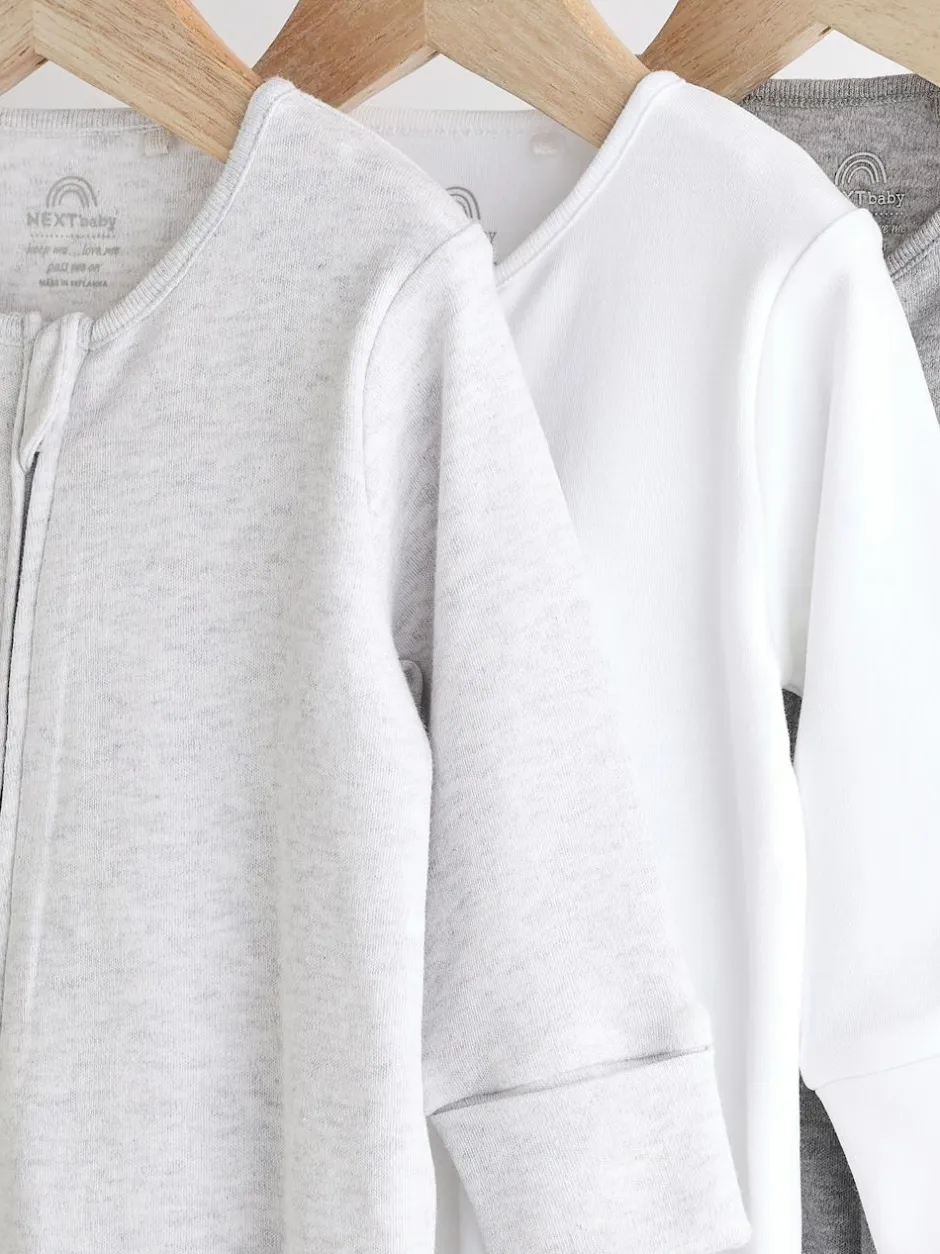 Next Essential Zipped 100% Cotton Baby Sleepsuits 3 Pack (0-3yrs) Grey Sale