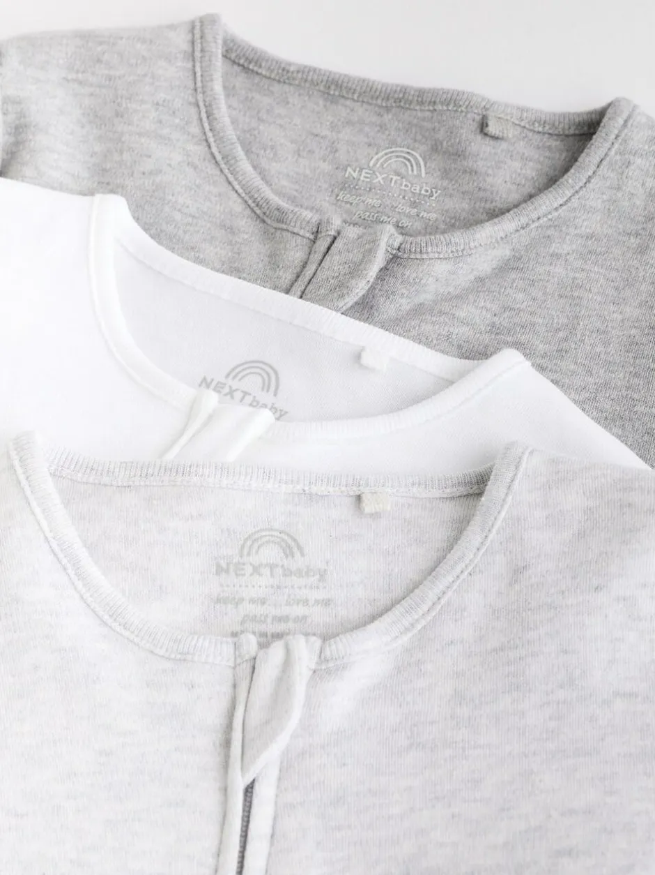 Next Essential Zipped 100% Cotton Baby Sleepsuits 3 Pack (0-3yrs) Grey Sale