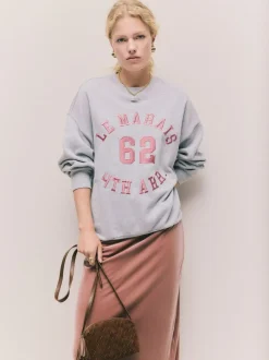 Next Grey Graphic Satin Applique 'Le Marais' City Longsleeve Crewneck Sweatshirt Sale