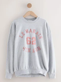 Next Grey Graphic Satin Applique 'Le Marais' City Longsleeve Crewneck Sweatshirt Sale