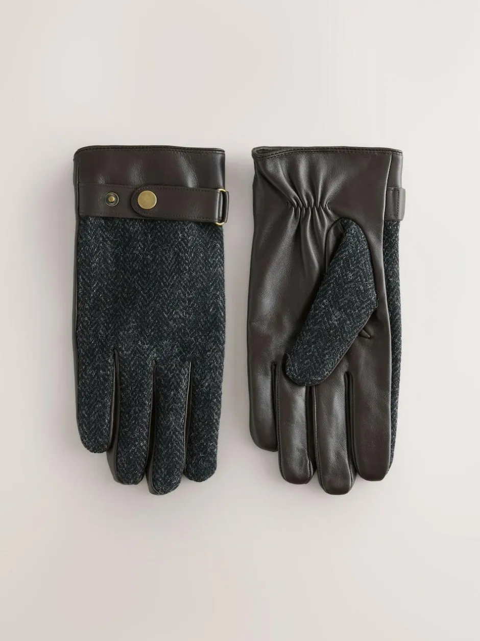 Next Harris Tweed And Leather Gloves Grey New