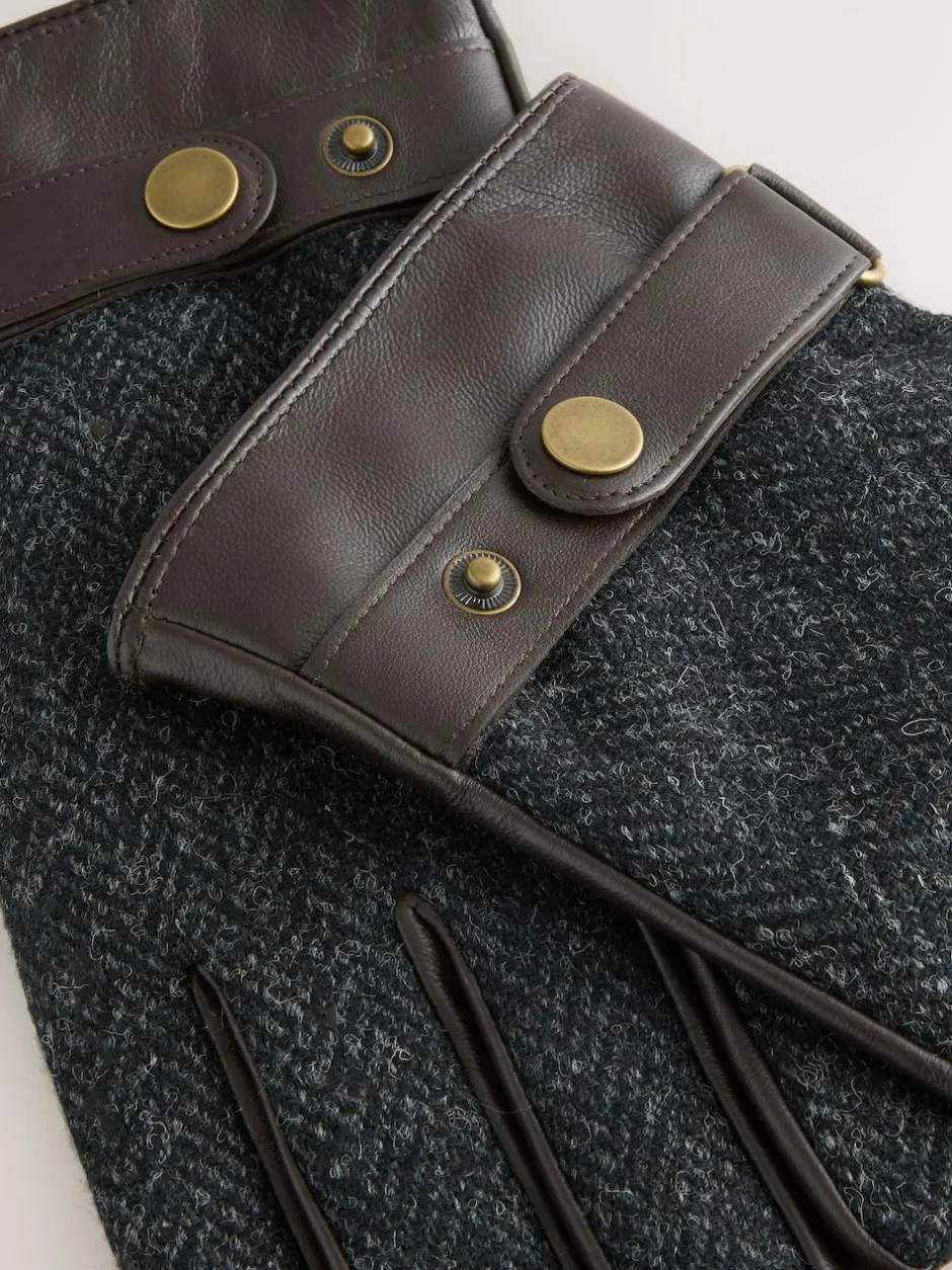 Next Harris Tweed And Leather Gloves Grey New