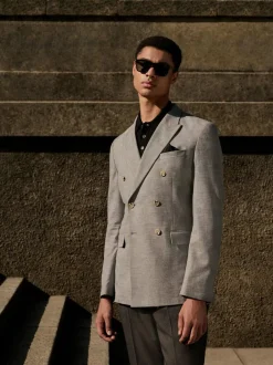 Next Grey Linen Blend Texture Double Breasted Suit Jacket