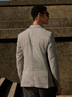 Next Grey Linen Blend Texture Double Breasted Suit Jacket