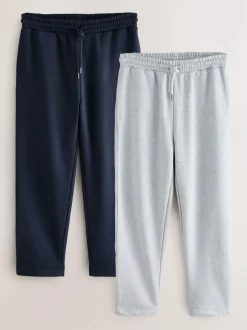 Next Straight Fit Brushback Heavyweight 2 Pack Joggers Grey Marl/Navy Blue Online