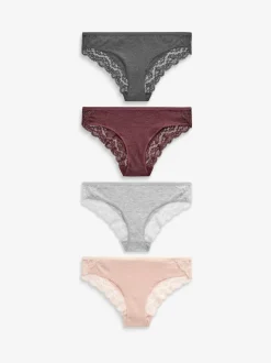 Next Grey Marl/Pink/Plum Bikini Cotton Lace Knickers 4 Pack Sale
