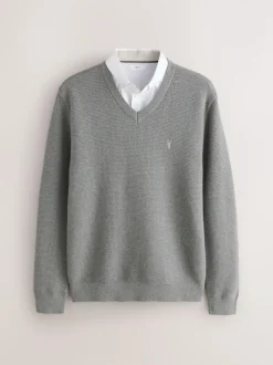 Next Regular Fit Textured Oxford Mock Shirt Jumper Grey Discount