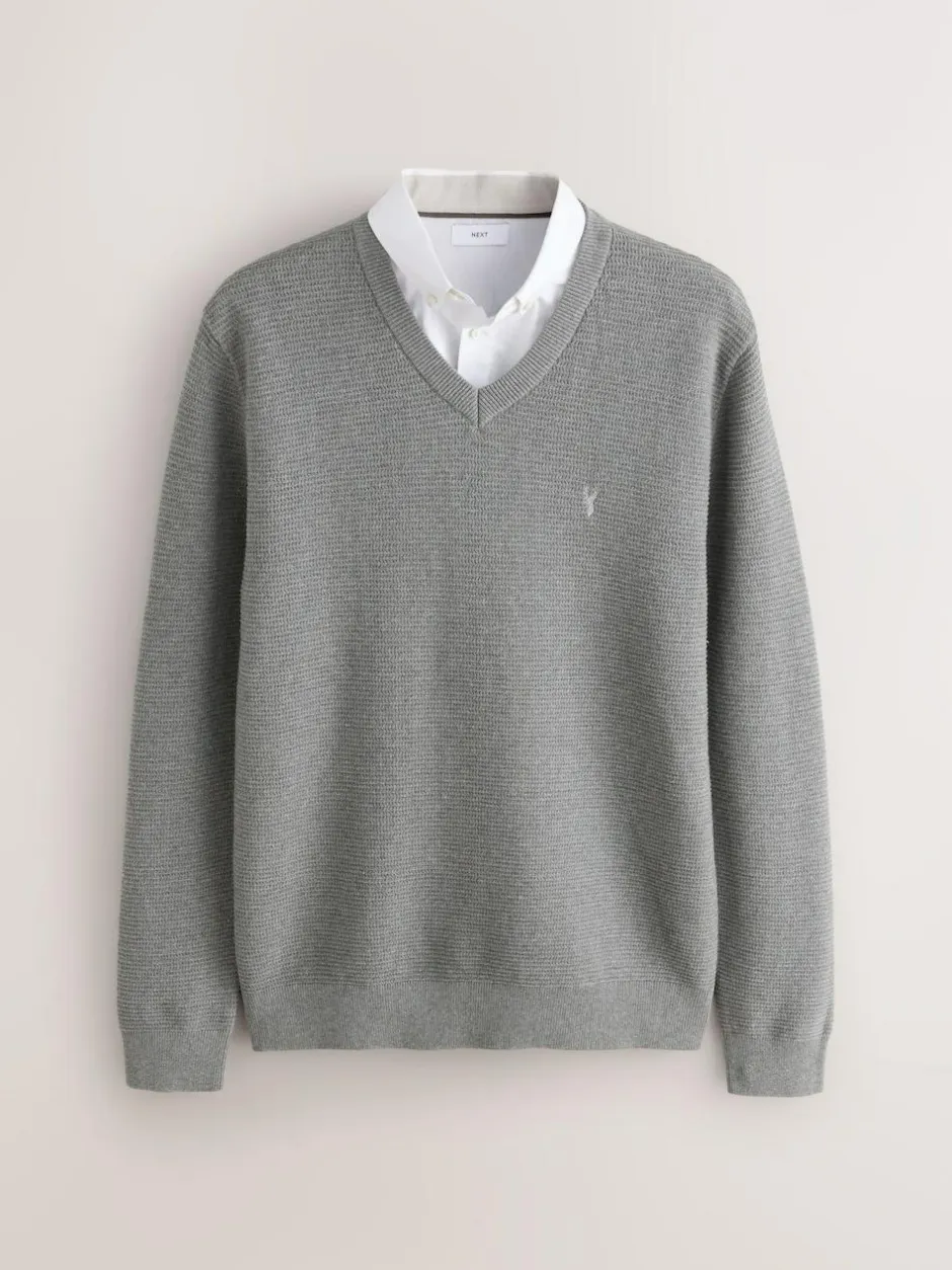 Next Regular Fit Textured Oxford Mock Shirt Jumper Grey Discount