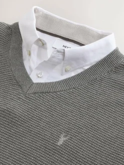 Next Regular Fit Textured Oxford Mock Shirt Jumper Grey Discount