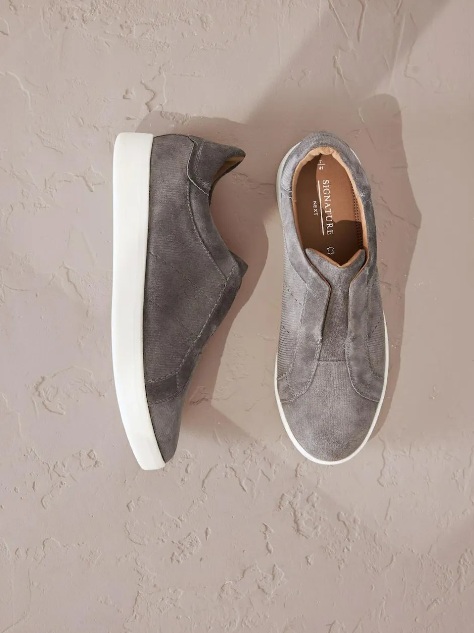 Next Signature Premium Leather Laceless Slip-On Trainers Grey Sale