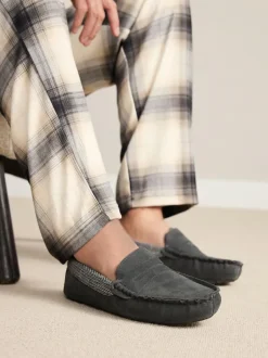 Next Signature Suede Fabric Trim Moccasin Slippers Grey Clearance