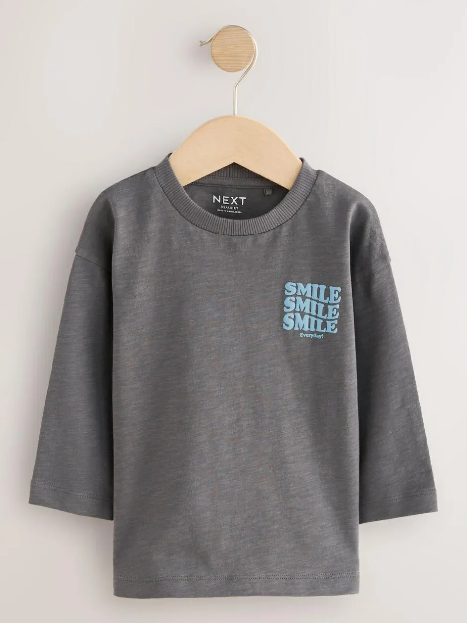 Next Grey Slogan Long Sleeves Semi Plain T-Shirt (3mths-7yrs) Discount