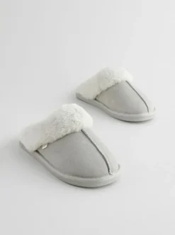 Next Grey Suede Faux Fur Mule Slippers