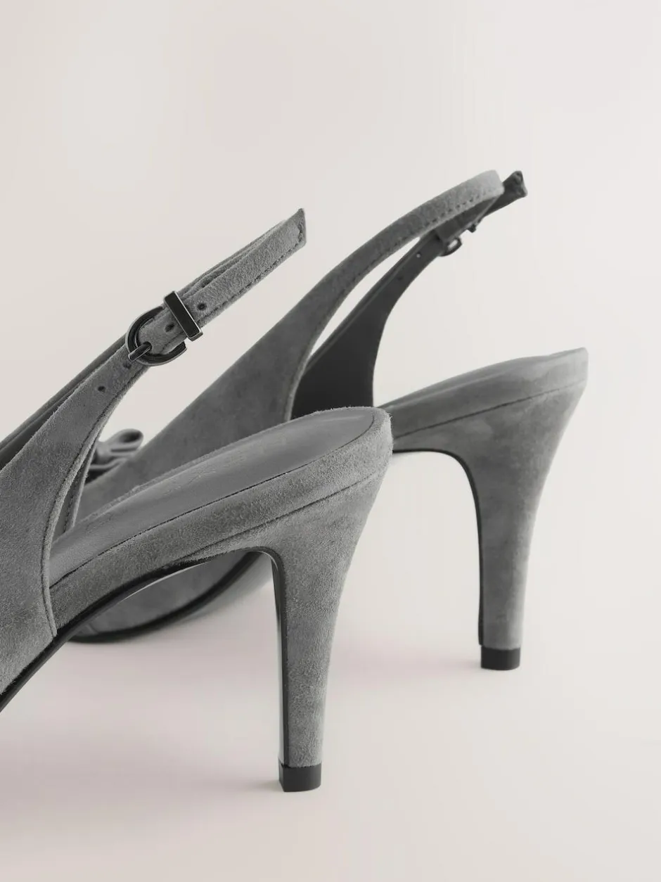 Next Forever Comfort® Leather Pointed Cutout Bow Slingback Heels Grey Suede Clearance