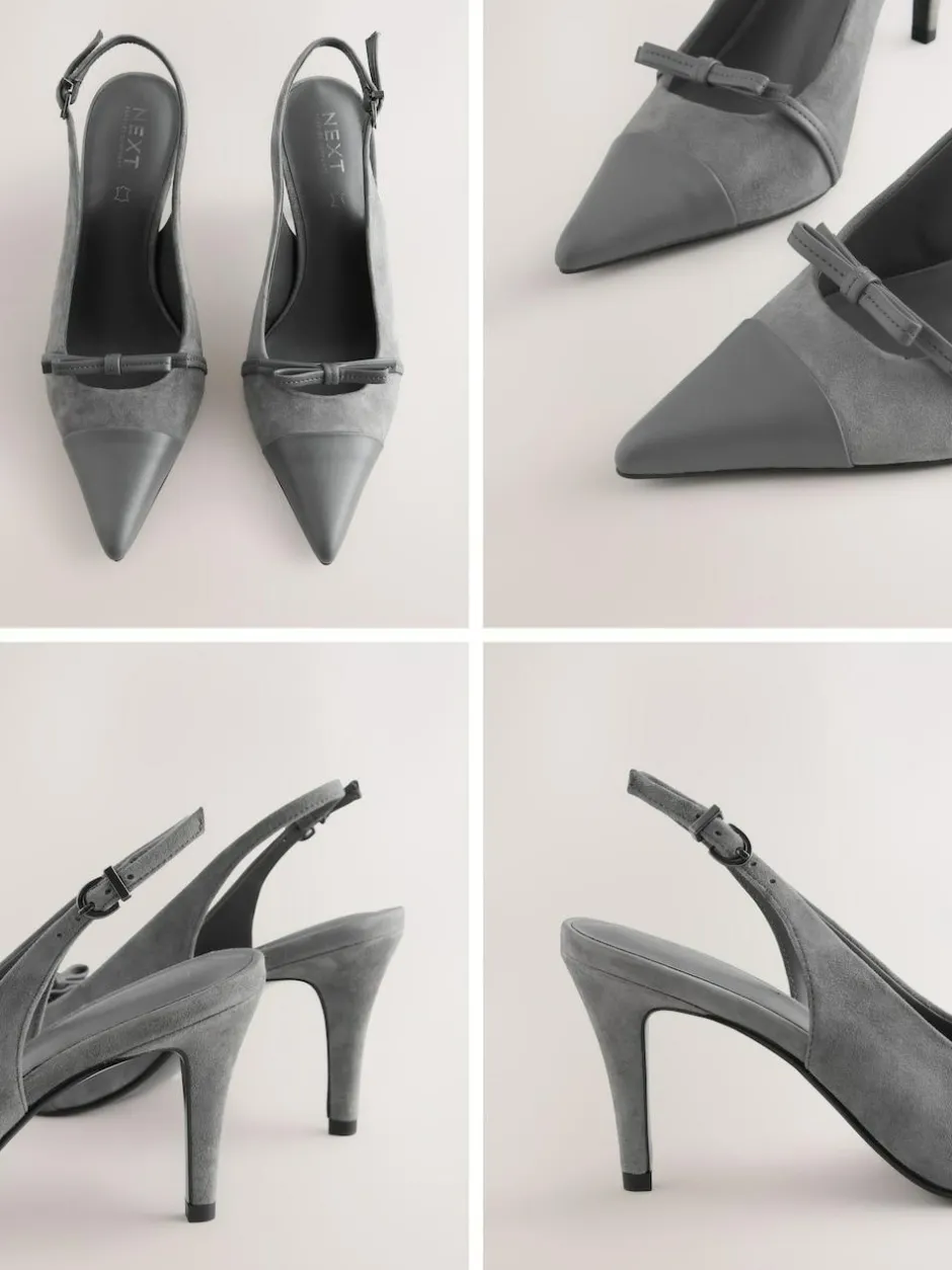 Next Forever Comfort® Leather Pointed Cutout Bow Slingback Heels Grey Suede Clearance