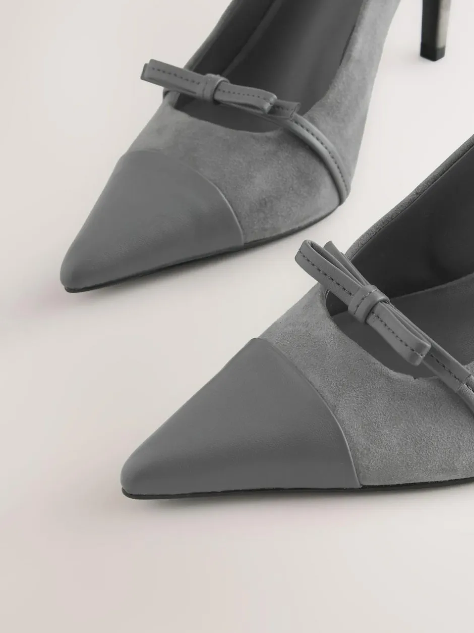 Next Forever Comfort® Leather Pointed Cutout Bow Slingback Heels Grey Suede Clearance