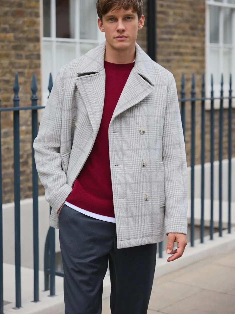 Next Grey Wool Blend Soft Touch Check Pea Coat New