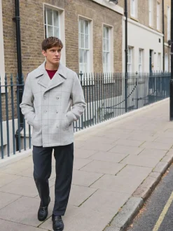 Next Grey Wool Blend Soft Touch Check Pea Coat New