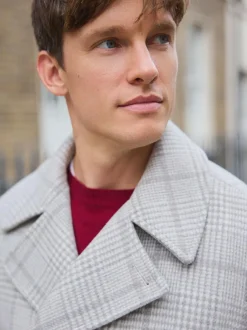 Next Grey Wool Blend Soft Touch Check Pea Coat New