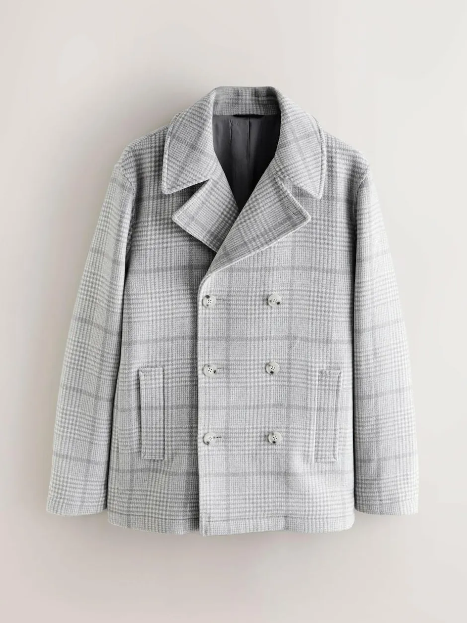 Next Grey Wool Blend Soft Touch Check Pea Coat New